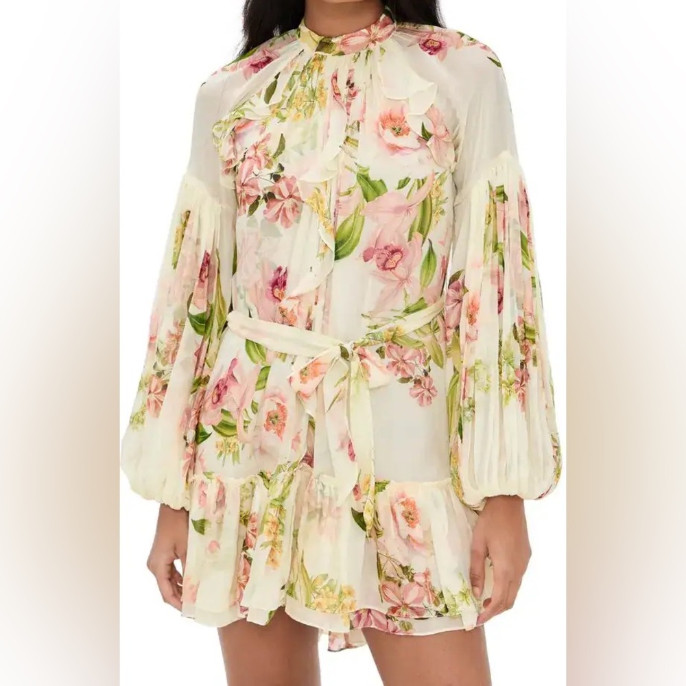 HEMANT & NANDITA 
Floral Ruffle Mini Dress With Tie Belt